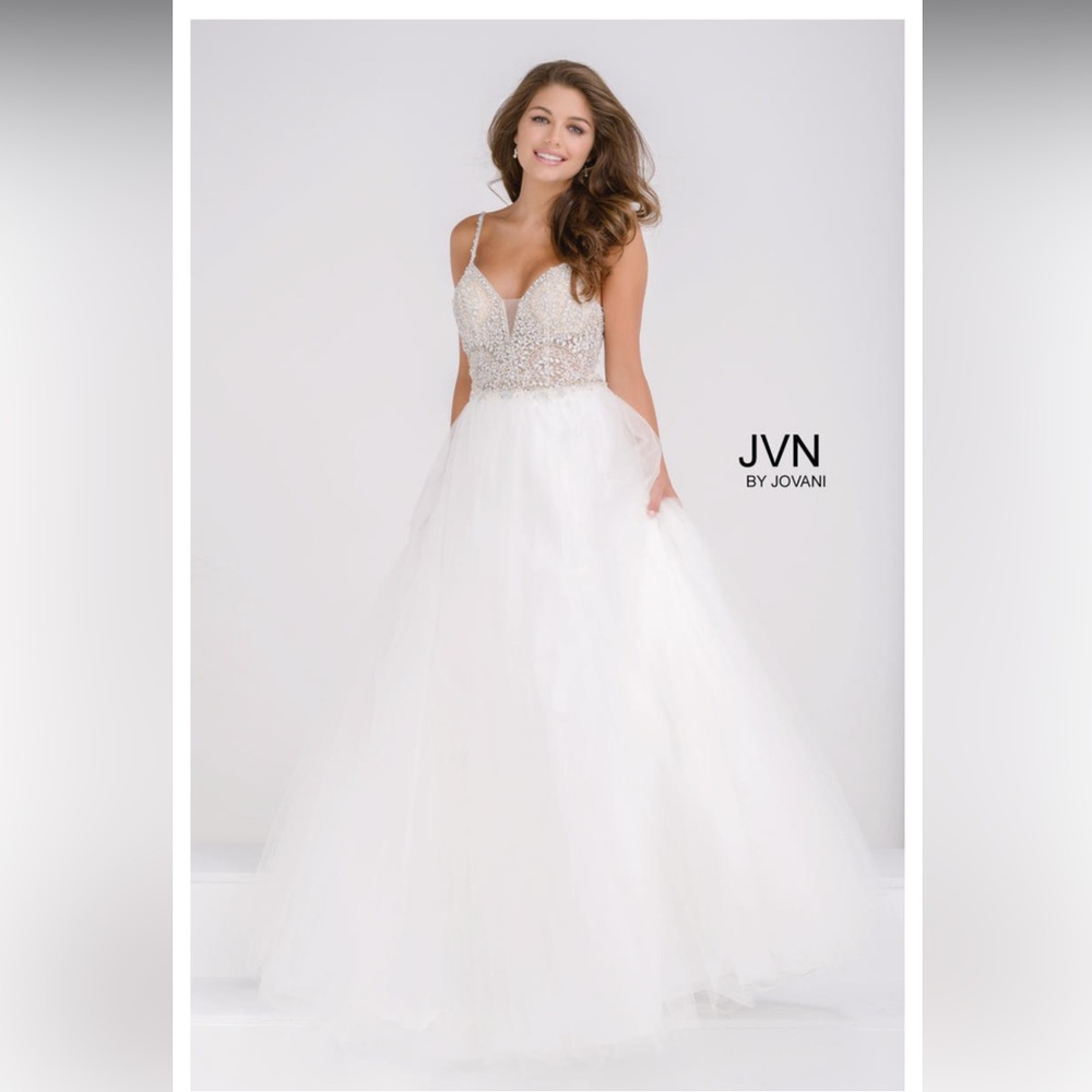 JOVANI White Beaded Designer Dress